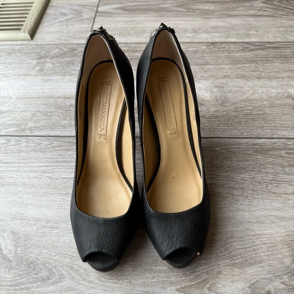 BCBGMAXAZRIA Roxanne Black High All Leather Spikes Heel Peep Toe Rocker Pumps - Picture 3 of 15